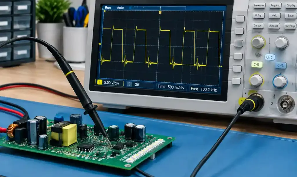 Oscilloscope measurement of LED driver switching node waveform with probe setup