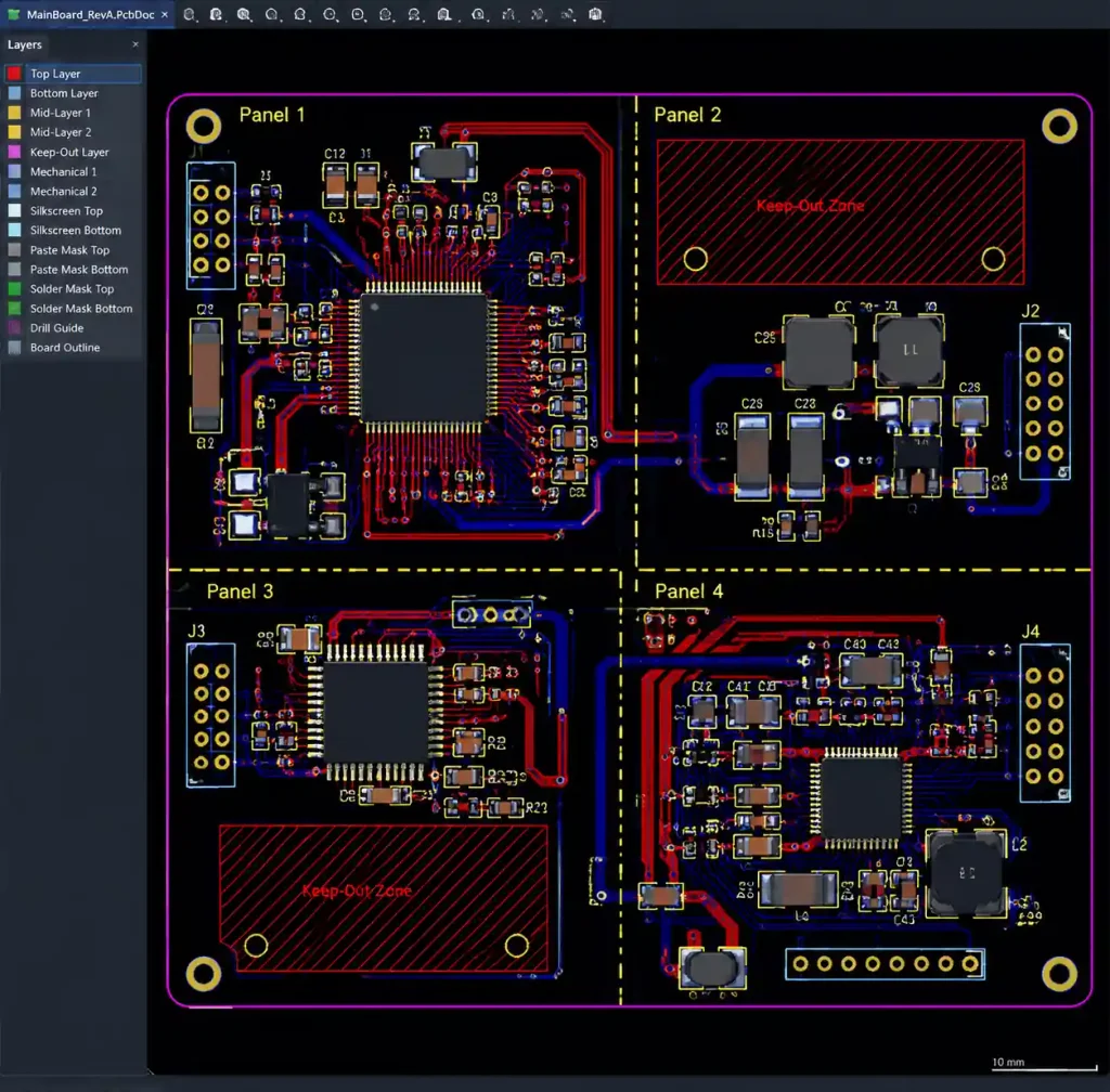 PCB layout showing component placement near depaneling separation lines