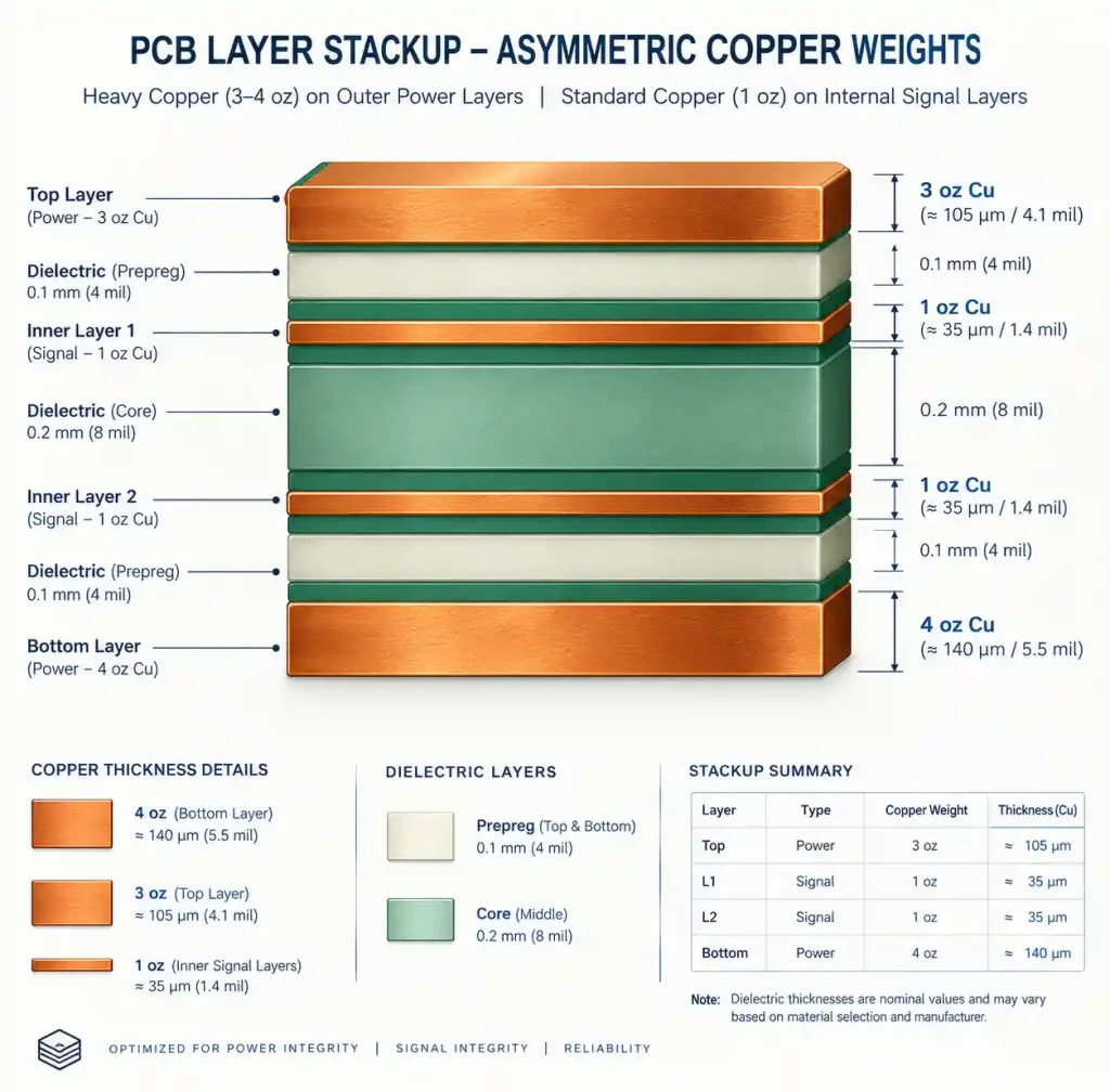 PCB layer stackup showing mixed copper weights with heavy copper on power layers and standard copper on signal layers