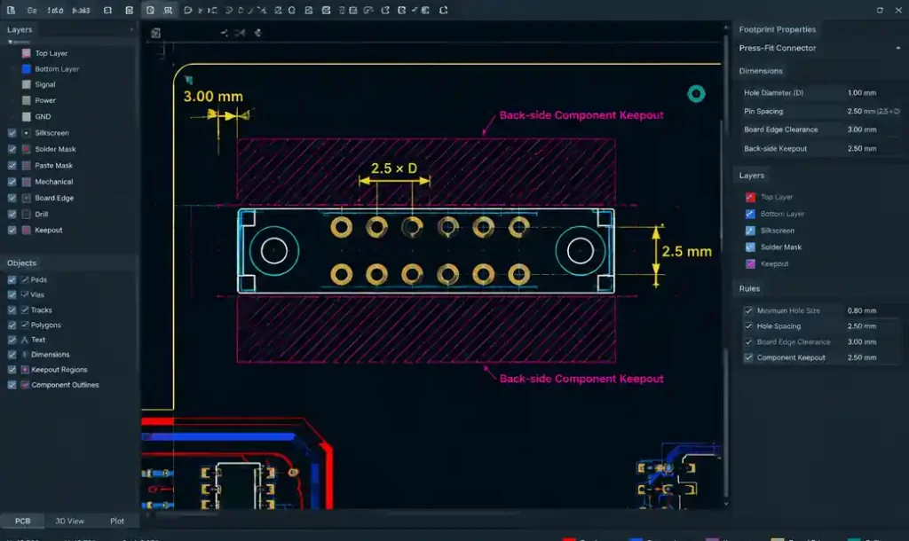 PCB CAD layout showing press-fit connector placement with 3mm edge clearance and component keepout zones