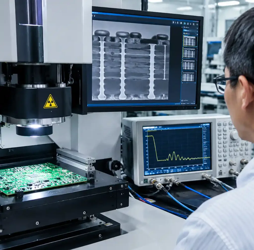 PCB quality verification showing X-ray inspection or TDR measurement of back-drilled vias