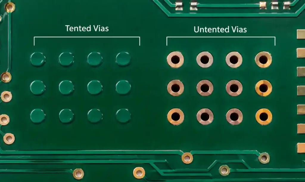 PCB vias with solder mask tenting showing covered and exposed via treatments