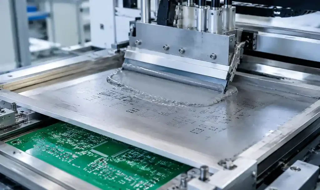 SMT solder paste printing process using precision stencil