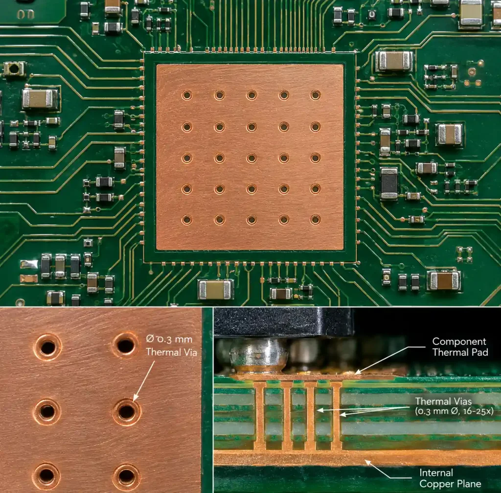 BGA thermal pad with thermal via array connecting to internal ground plane