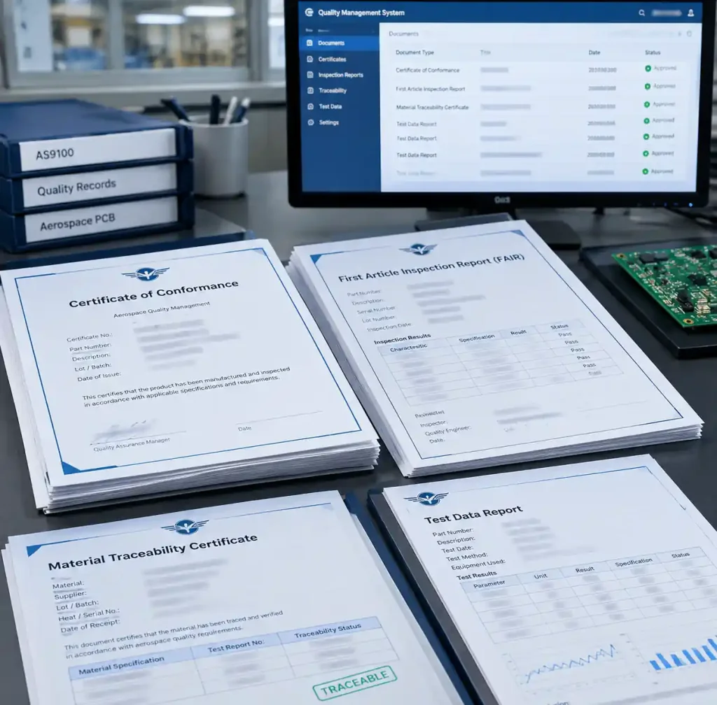 AS9100 documentation and material traceability certificates for aerospace PCB