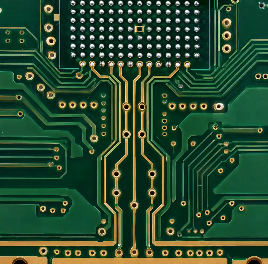 Controlled impedance trace routing from BGA via showing impedance-matched breakout