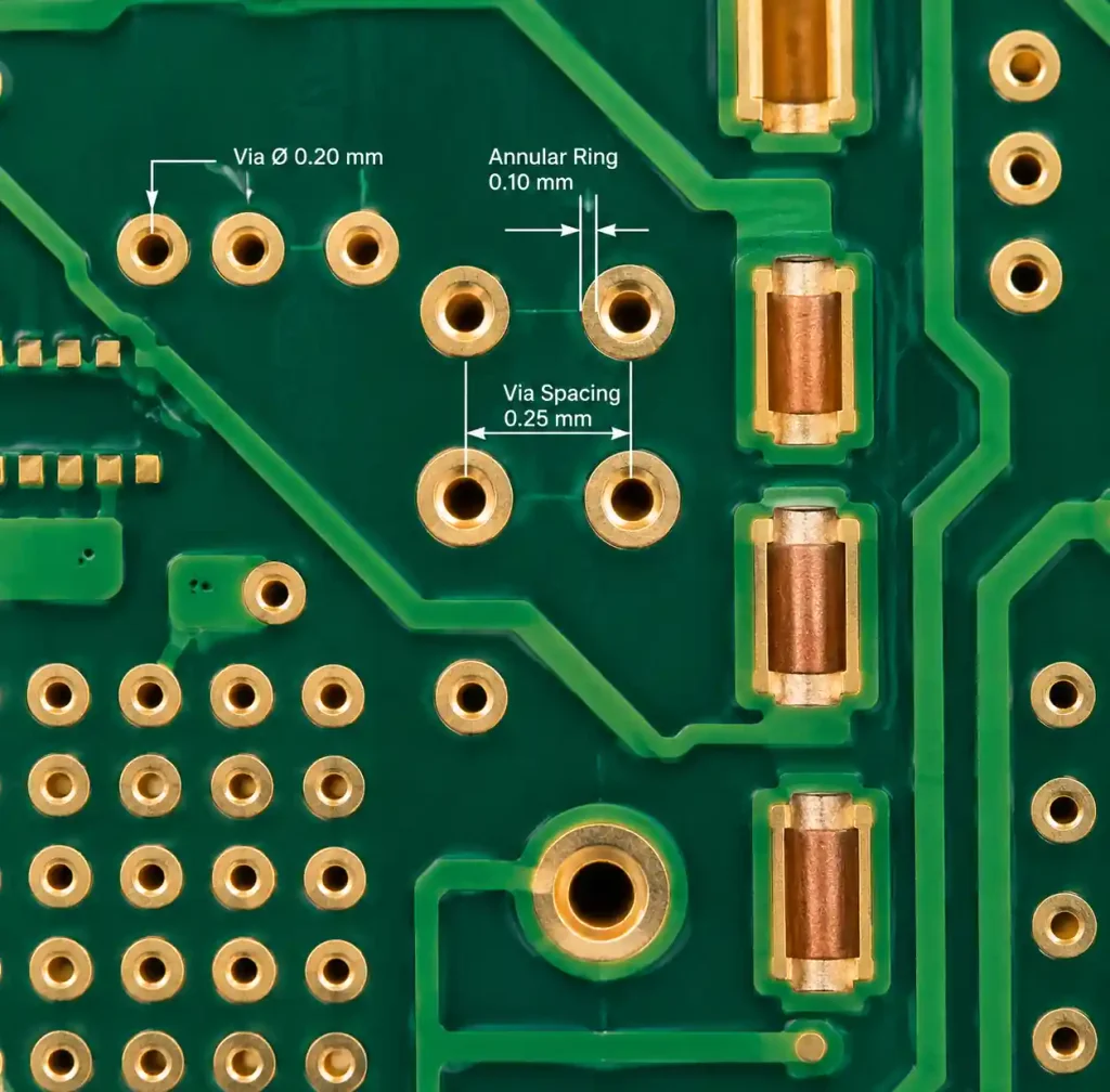 HDI PCB design rules showing via spacing and annular ring specifications