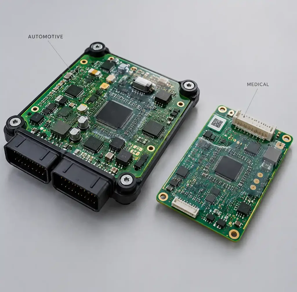 Automotive and medical PCB examples showing industry-specific placement requirements