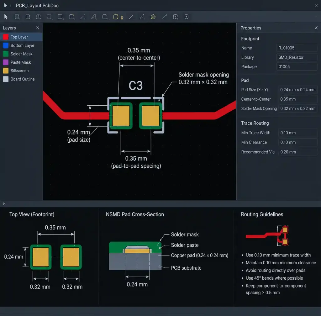 PCB land pattern layout for 01005 component assembly