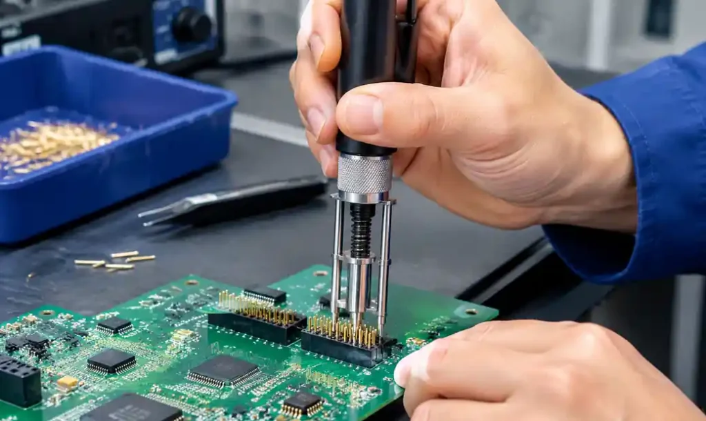 Manual press-fit pin extraction tool removing connector from PCB for field service rework