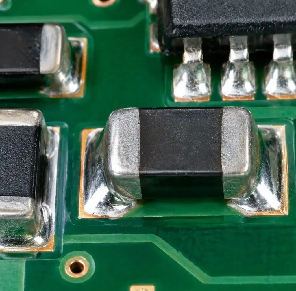 Close-up inspection of solder joints after lead-free SAC305 reflow soldering