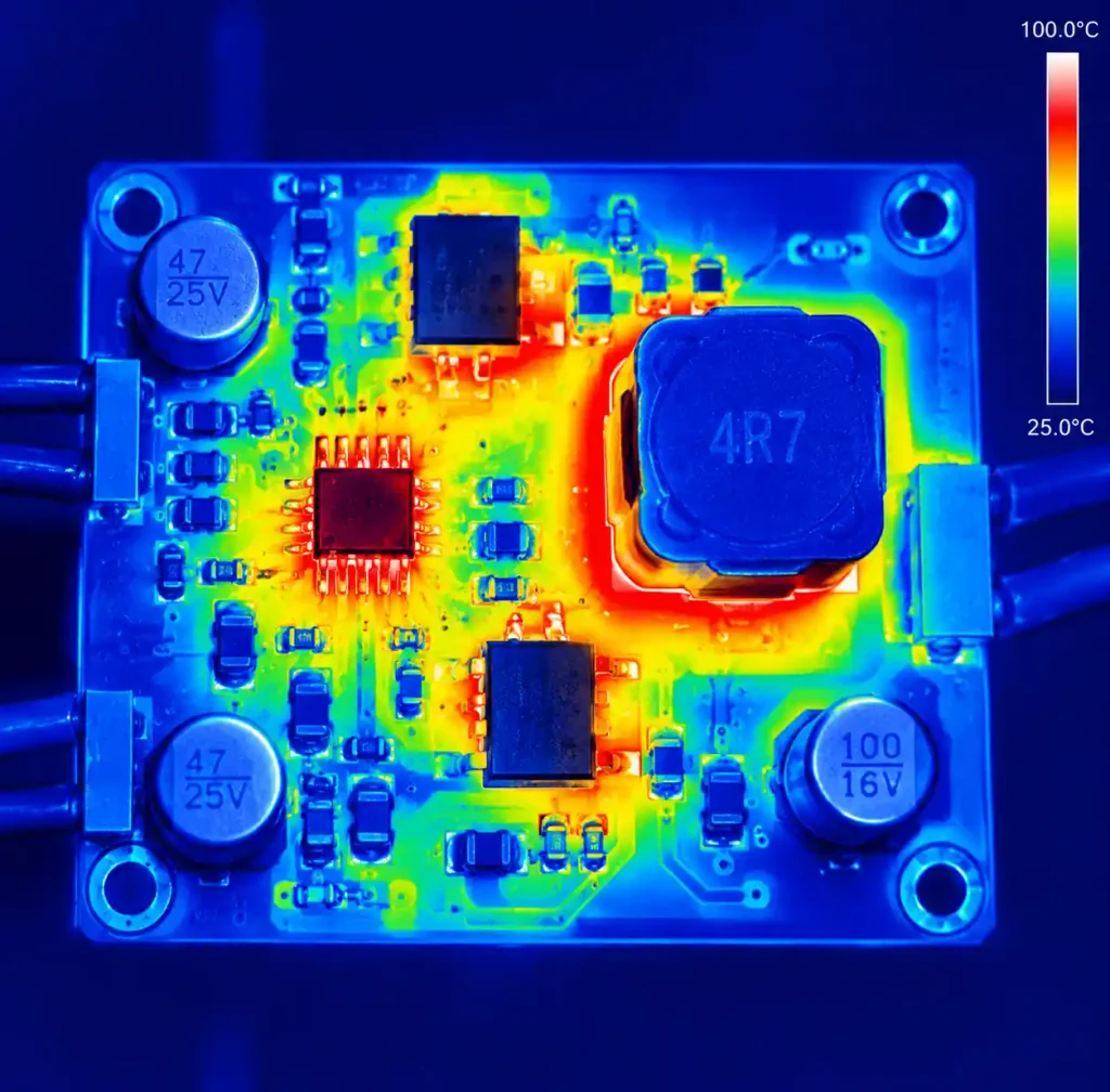 Thermal imaging of operating DC-DC converter PCB showing heat distribution