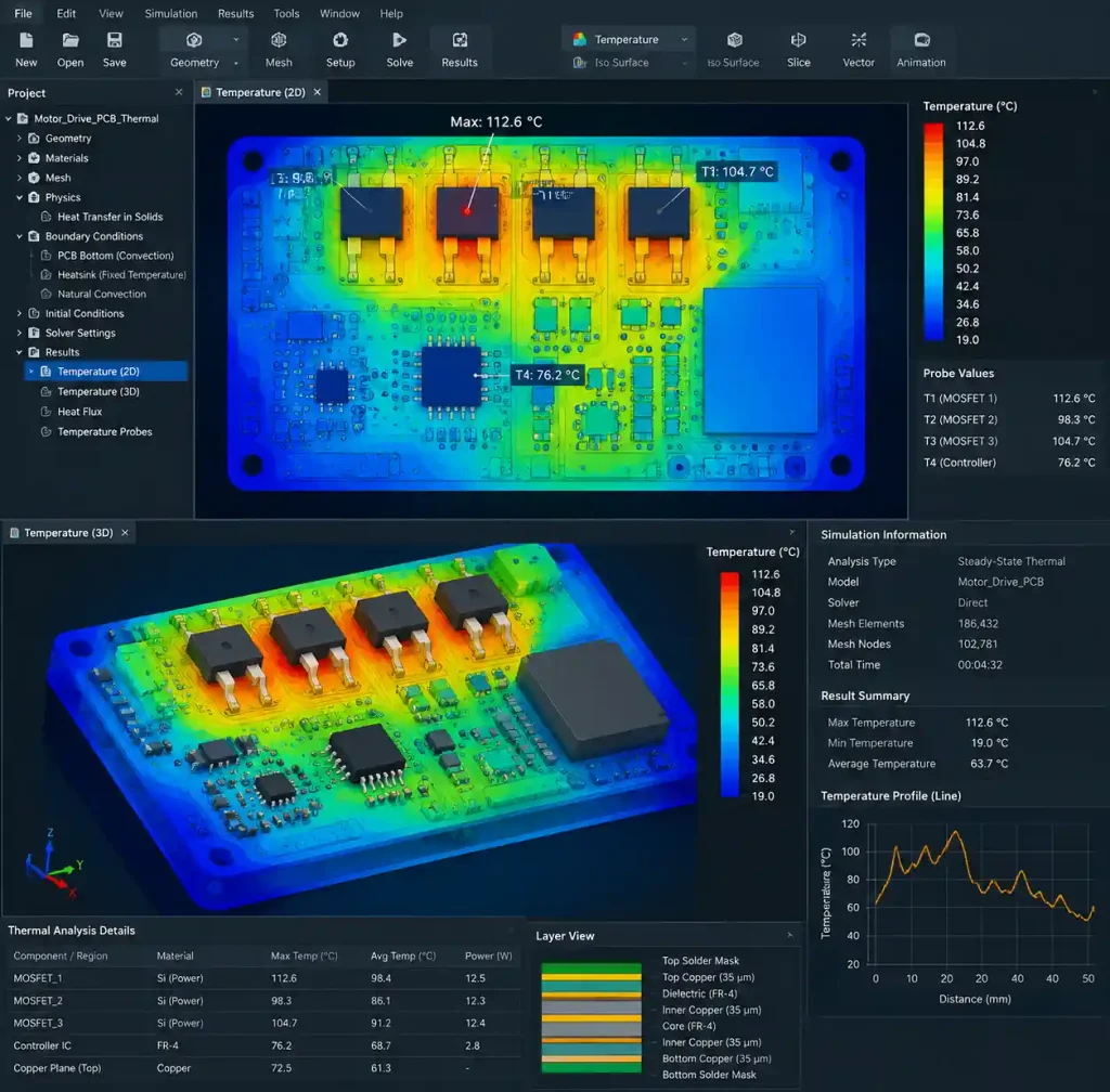 Thermal simulation showing temperature distribution across power MOSFETs and PCB