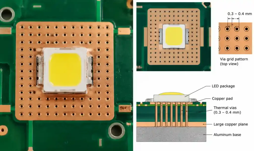 PCB thermal via array pattern under LED mounting pad showing copper plated vias for heat transfer