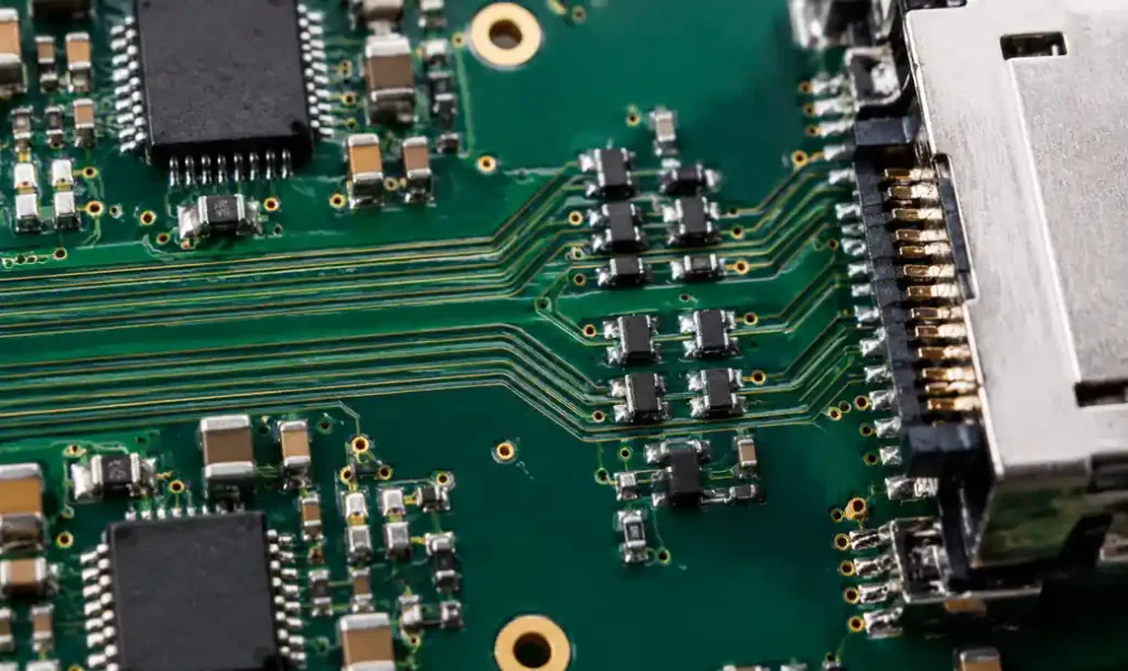 Modern high-speed PCB showing ultra-low capacitance TVS protection for USB4 or PCIe Gen 5/6 interfaces
