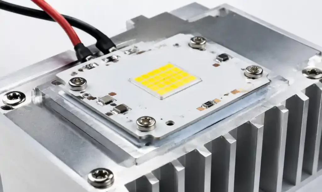 LED MCPCB mounted to aluminum heat sink with thermal interface material and mechanical fasteners