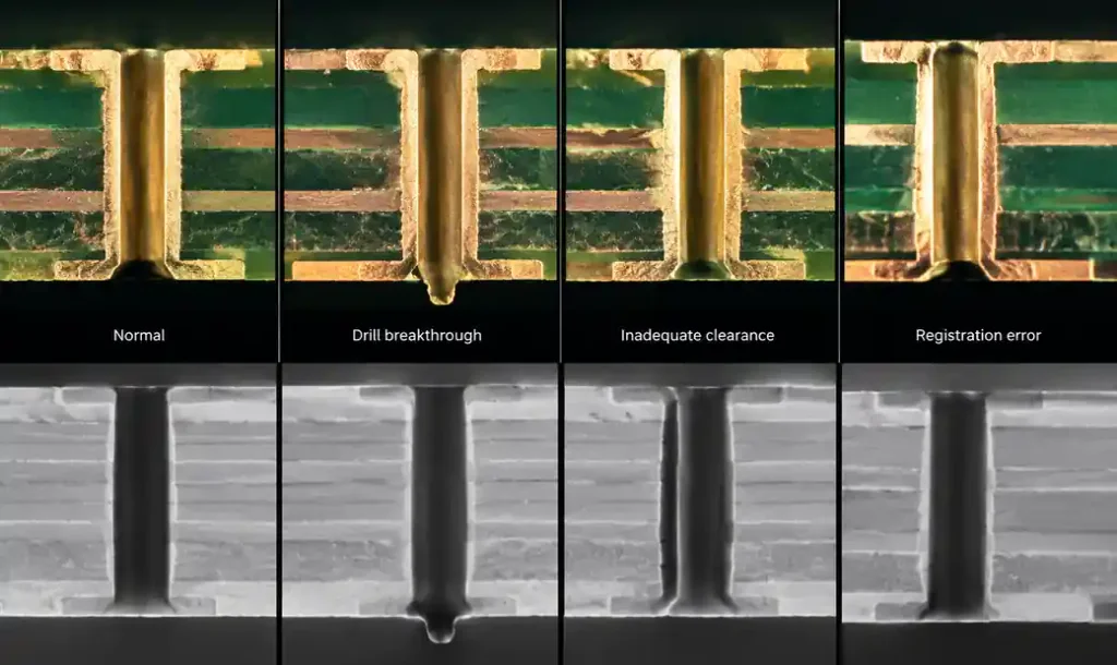 Common back drilling defects and manufacturing issues showing drill breakthrough and registration errors