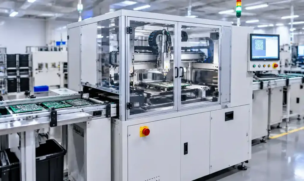 Automated PCB depaneling station in production line environment